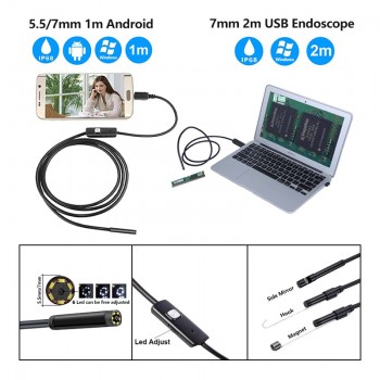 Antscope 7mm/5.5mm 1M Endoscope Mirco USB 2m 6LED Endoscope Camera Android Waterproof Pipeline PCB PC Inspection Mini Camera