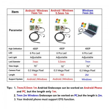 Antscope 7mm/5.5mm 1M Endoscope Mirco USB 2m 6LED Endoscope Camera Android Waterproof Pipeline PCB PC Inspection Mini Camera