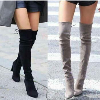 Women Winter Thigh High Boots Fashion Suede Leather High Heels Lace up Female Over The Knee Boots Plus Size Shoes Drop Shipping