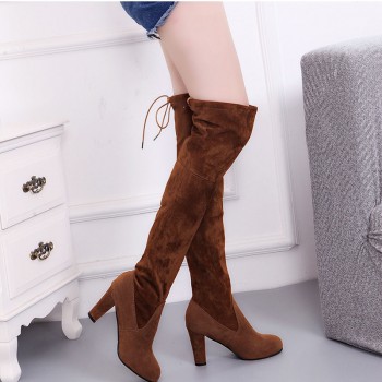 Women Winter Thigh High Boots Fashion Suede Leather High Heels Lace up Female Over The Knee Boots Plus Size Shoes Drop Shipping