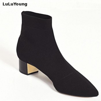 Knitted Elastic Socks Boots Medium Heeled Short Boots Women Point Toe Ankle Boots