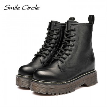 Smile Circle Size36-41 Chunky Motorcycle Boots For Women Autumn 2018 Fashion Round Toe Lace-up Combat Boots Ladies Shoes