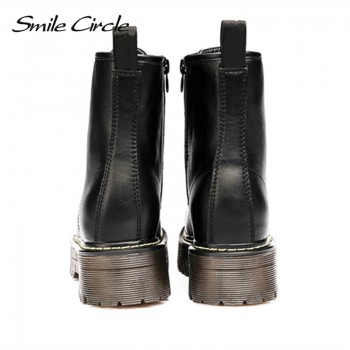 Smile Circle Size36-41 Chunky Motorcycle Boots For Women Autumn 2018 Fashion Round Toe Lace-up Combat Boots Ladies Shoes