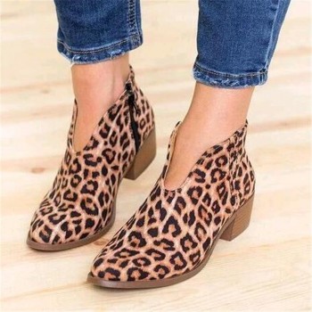 Women Shoes 2019 Leopard Print Sexy Pointed Toe Ankle Boots Slip on Deep V  High Heel Lady Party Dress Shoes