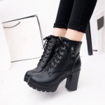 2019 Women Ankle Boots Lace-Up Square Thick Heels PU Zip Boots Ladies Platform Spring Autumn Classic Fashion Shoes Female Spring