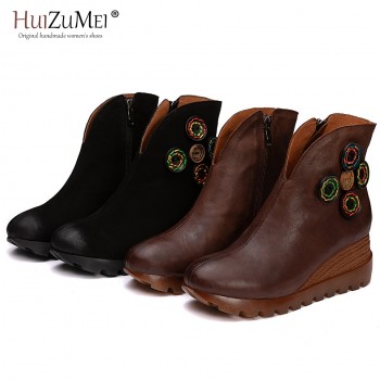 HUIZUMEI BHandmade oots Women Genuine Leather Ankle Boots Artificial Velvet Handmade Lady soft Flat shoes Casual Womens shoes.