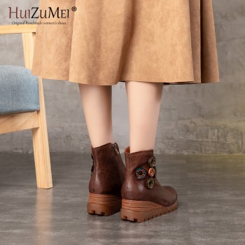 HUIZUMEI BHandmade oots Women Genuine Leather Ankle Boots Artificial Velvet Handmade Lady soft Flat shoes Casual Womens shoes.