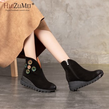 HUIZUMEI BHandmade oots Women Genuine Leather Ankle Boots Artificial Velvet Handmade Lady soft Flat shoes Casual Womens shoes.