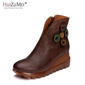 HUIZUMEI BHandmade oots Women Genuine Leather Ankle Boots Artificial Velvet Handmade Lady soft Flat shoes Casual Womens shoes.