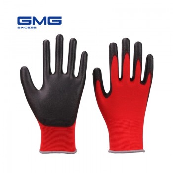 Hot Sale GMG CE Certificated EN388 Red Polyester Black PU Work Safety Gloves Mechanic Working Gloves