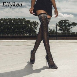 Eilyken 2018 Fashion Runway Crystal Stretch Fabric Sock Boots Pointy Toe Over-the-Knee Heel Thigh High Pointed Toe Woman Boot