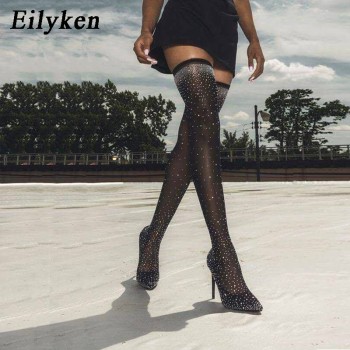 Eilyken 2018 Fashion Runway Crystal Stretch Fabric Sock Boots Pointy Toe Over-the-Knee Heel Thigh High Pointed Toe Woman Boot