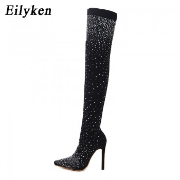 Eilyken 2018 Fashion Runway Crystal Stretch Fabric Sock Boots Pointy Toe Over-the-Knee Heel Thigh High Pointed Toe Woman Boot
