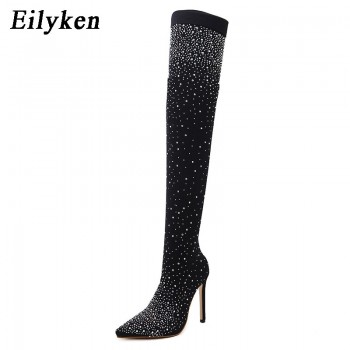 Eilyken 2018 Fashion Runway Crystal Stretch Fabric Sock Boots Pointy Toe Over-the-Knee Heel Thigh High Pointed Toe Woman Boot
