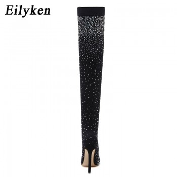 Eilyken 2018 Fashion Runway Crystal Stretch Fabric Sock Boots Pointy Toe Over-the-Knee Heel Thigh High Pointed Toe Woman Boot