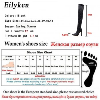 Eilyken 2018 Fashion Runway Crystal Stretch Fabric Sock Boots Pointy Toe Over-the-Knee Heel Thigh High Pointed Toe Woman Boot
