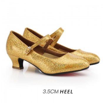 Golden dancing shoes for women Mary Jane shoes kitten heel buckle strap Latin jazz ladies shoes round heel rubber outsole