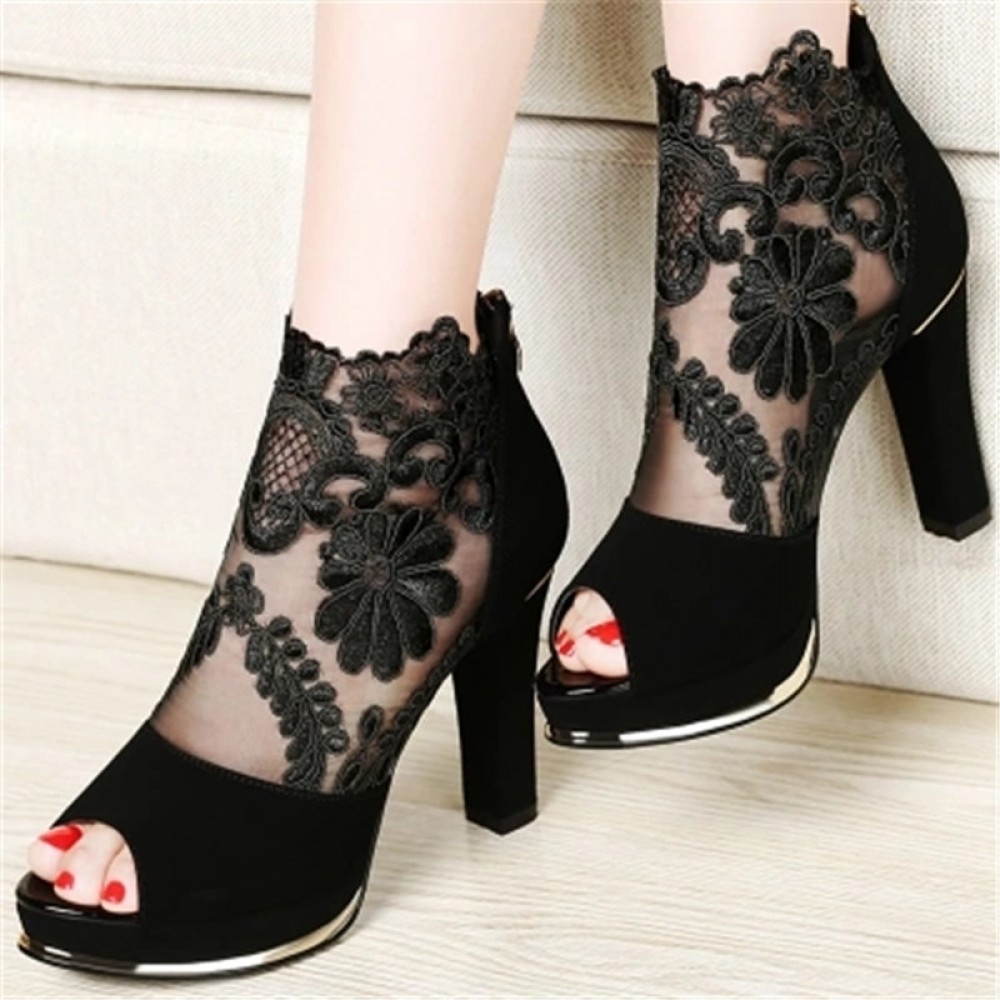 2018 spring and summer new thick with fish mouth sandals shoes sexy high heels European and American mesh shoes