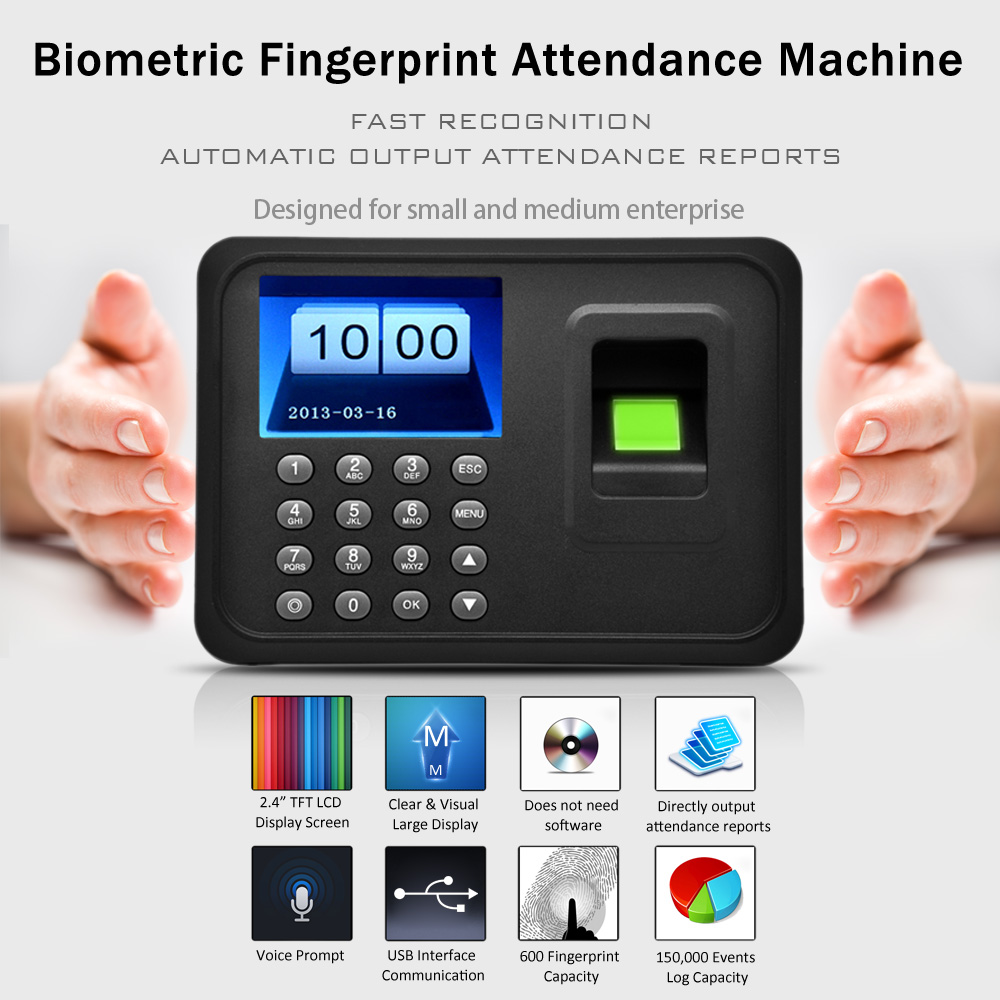 2.4 TFT LCD Display USB Biometric Fingerprint Attendance Machine DC 5V/1A Time Clock Recorder Employee Checking-in Reader A6