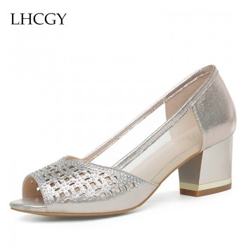 2018 Summer Women Sandals Bling Open Toe High Heels Hollow Out Pumps Woman Dress Shoes OL office Ladies Shoes zapatos mujer 6620