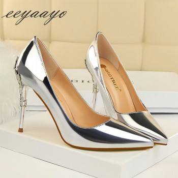 2019 New Spring/Autumn Women Pumps High Thin Heels Pointed Toe Metal Decoration Sexy Bridal Wedding Women Shoes Silver High Heel