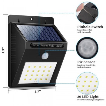 20 LED Solar Power PIR Motion Sensor Wall Light IP65 Waterproof Garden Lamp Light Light Outdoor Pathway Sense Rechargeable 3