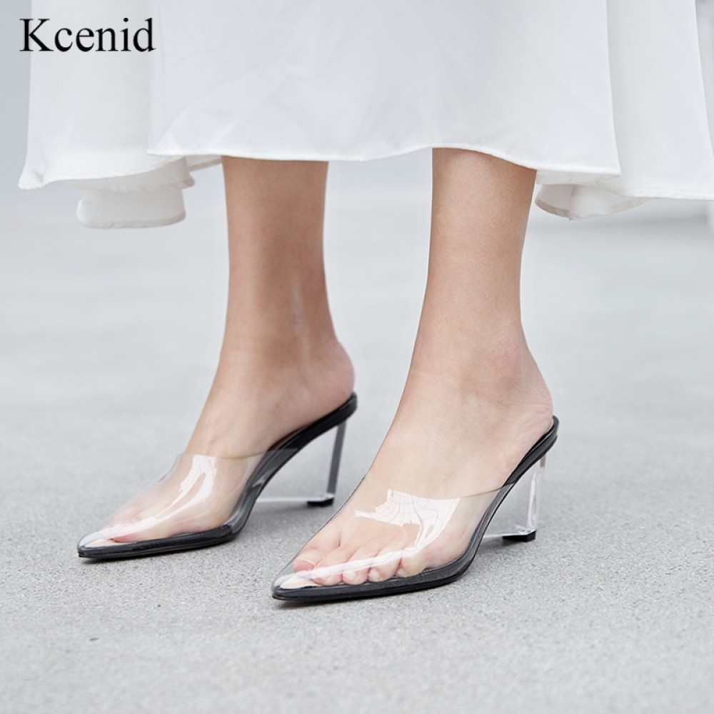 Kcenid Women pumps sandals clear crystal transparent wedge heel pumps fashion summer pointed toe party ladies shoes size 33-41