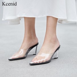 Kcenid Women pumps sandals clear crystal transparent wedge heel pumps fashion summer pointed toe party ladies shoes size 33-41