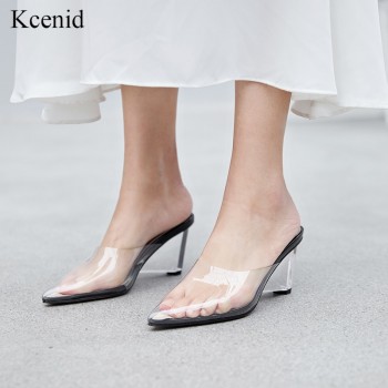 Kcenid Women pumps sandals clear crystal transparent wedge heel pumps fashion summer pointed toe party ladies shoes size 33-41