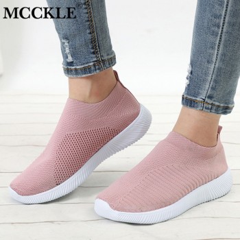MCCKLE Plus Size Women Casual Knitting Sock Sneakers Stretch Flat Platform Fashion Ladies Slip On Shoes Female Leisure Footwear