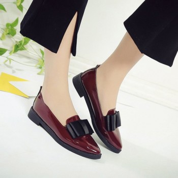 MCCKL Autumn Flats Women Shoes Bowtie Loafers Patent Leather Elegant Low Heels Slip On Footwear Female Pointed Toe Thick Heel