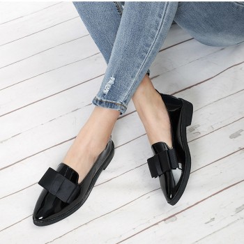 MCCKL Autumn Flats Women Shoes Bowtie Loafers Patent Leather Elegant Low Heels Slip On Footwear Female Pointed Toe Thick Heel