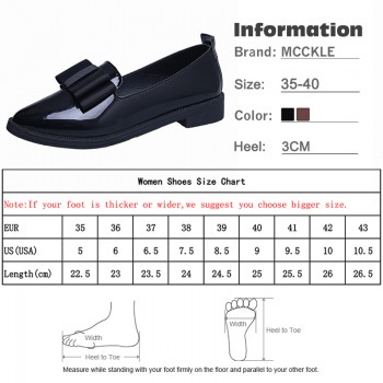 MCCKL Autumn Flats Women Shoes Bowtie Loafers Patent Leather Elegant Low Heels Slip On Footwear Female Pointed Toe Thick Heel
