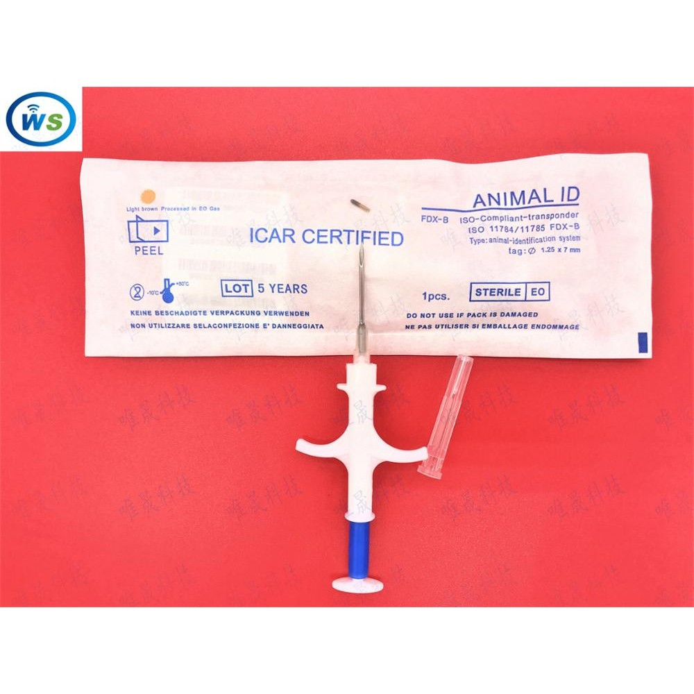 200pcs/lot 134.2KHz ISO FDX-B Animal Dogs 1.25*7mm Pet Microchips Transponder Syringe animal Id Implantable Syringe injector