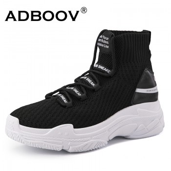 ADBOOV Shark Logo High Top Sneakers Women Knit Upper Breathable Sock Shoes Thick Sole 5 CM Fashion sapato feminino Black / White