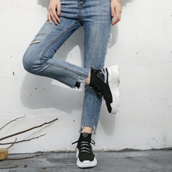 ADBOOV Shark Logo High Top Sneakers Women Knit Upper Breathable Sock Shoes Thick Sole 5 CM Fashion sapato feminino Black / White