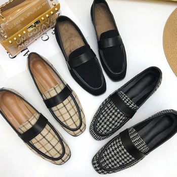Boussac British Style Plaid Women Loafers Vintage Square Toe Chic Women Flats With Fur Patchwork Flats Shoes for Women SWE0368