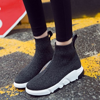 2018 new style  Autumn Winter WOMens Fashion Slip On Shoes High Top Casual Fly Weave High Top Sock Warm Shoes