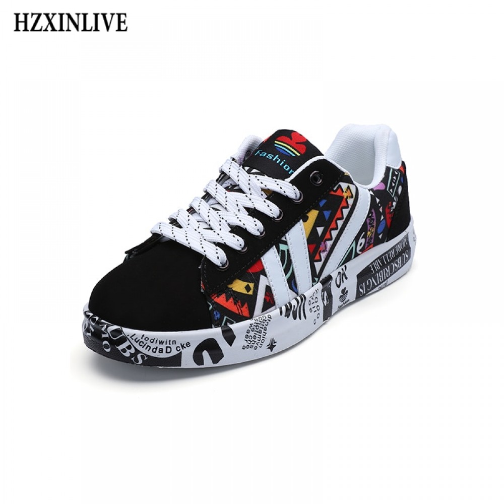 HZXINLIVE 2018 Autumn Woman Flat Casual Shoes Couple Shoes Lovers Printing Fashion Ladies Vulcanized Shoes zapatos de mujer Wild