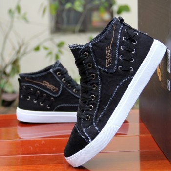 Denim Spring and Autumn Mens Casual Shoes Breathable Canvas Shoes for Male High Top Flat Shoes Soft Bottom Lace-up Man Flats