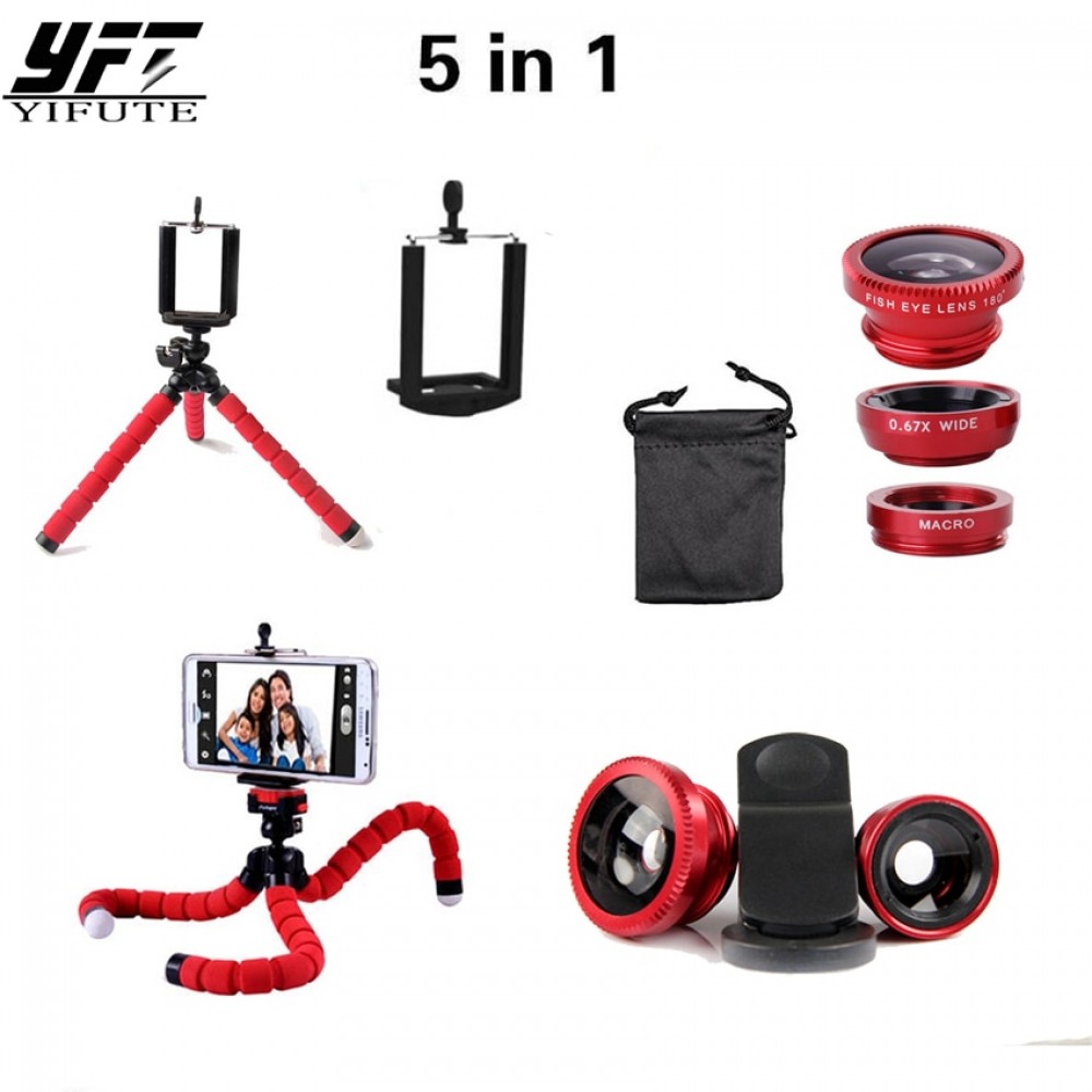 YIFUTE 5in1 10x Zoom Macro Fish Eye Lens Wide Angle Macro Lenses with Tripod Clip on For iPhone 7 plus Samsung LG phone Holder