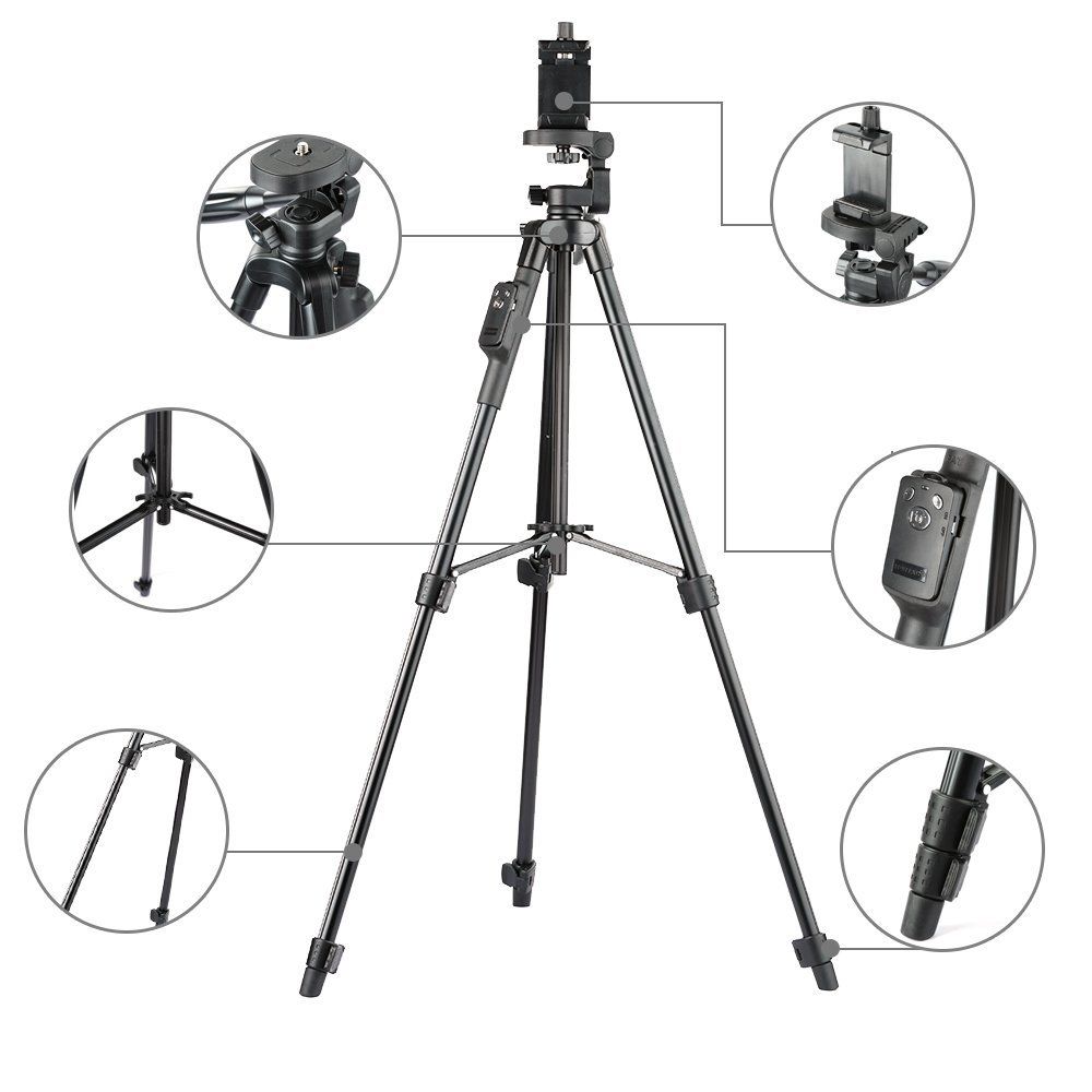YUNTENG 5208 Aluminum Tripod with 3-Way Head amp; Bluetooth Remote + clip for Camera Phone