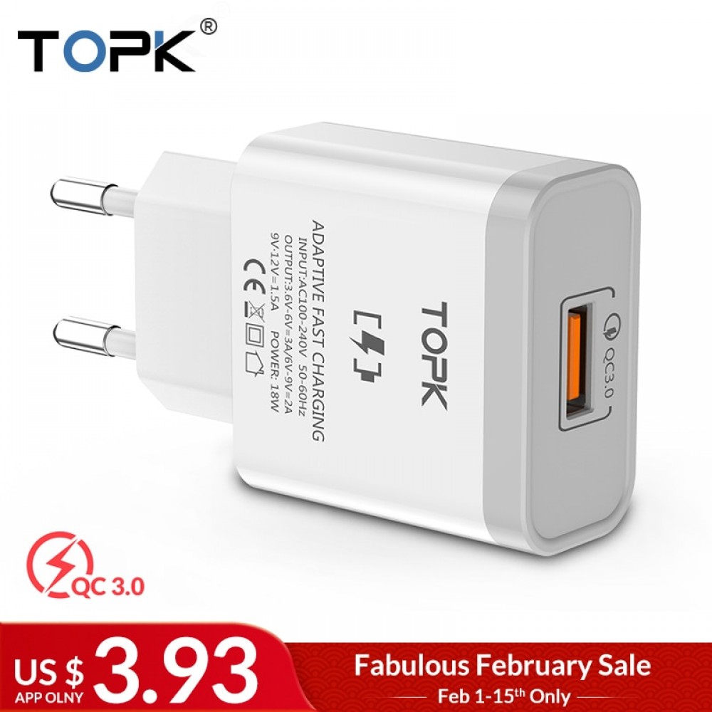 TOPK 18W Quick Charge 3.0 Fast Mobile Phone Charger EU Plug Wall USB Charger Adapter for iPhone Samsung Xiaomi Huawei