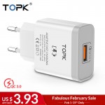 TOPK 18W Quick Charge 3.0 Fast Mobile Phone Charger EU Plug Wall USB Charger Adapter for iPhone Samsung Xiaomi Huawei
