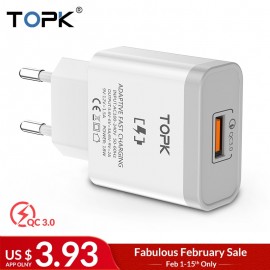 TOPK 18W Quick Charge 3.0 Fast Mobile Phone Charger EU Plug Wall USB Charger Adapter for iPhone Samsung Xiaomi Huawei