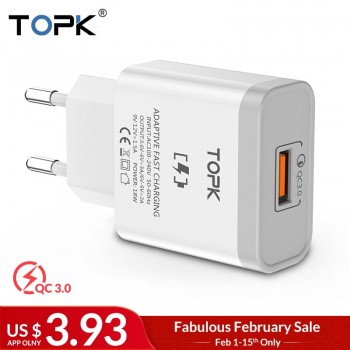 TOPK 18W Quick Charge 3.0 Fast Mobile Phone Charger EU Plug Wall USB Charger Adapter for iPhone Samsung Xiaomi Huawei