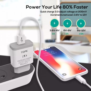 TOPK 18W Quick Charge 3.0 Fast Mobile Phone Charger EU Plug Wall USB Charger Adapter for iPhone Samsung Xiaomi Huawei