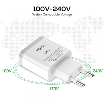 TOPK 18W Quick Charge 3.0 Fast Mobile Phone Charger EU Plug Wall USB Charger Adapter for iPhone Samsung Xiaomi Huawei
