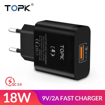 TOPK 18W Quick Charge 3.0 Fast Mobile Phone Charger EU Plug Wall USB Charger Adapter for iPhone Samsung Xiaomi Huawei
