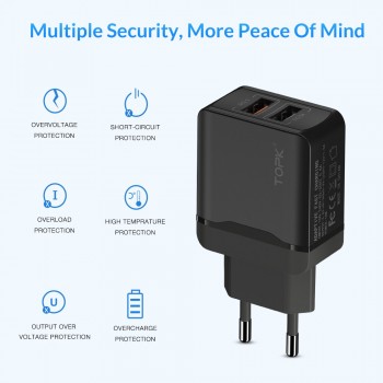 TOPK Quick Charge 3.0 18W QC 3.0 Dual USB Charger Adapter EU Plug Travel Wall Mobile Phone Charger for iPhone Samsung Xiaomi